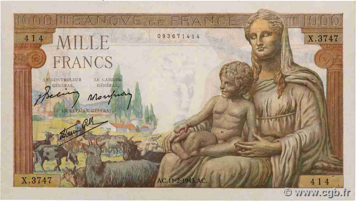 1000 Francs DÉESSE DÉMÉTER FRANCE  1943 F.40.18 AU-