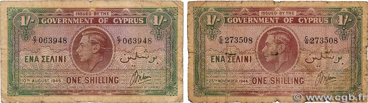1 Shilling Lot CYPRUS  1944 P.20 G