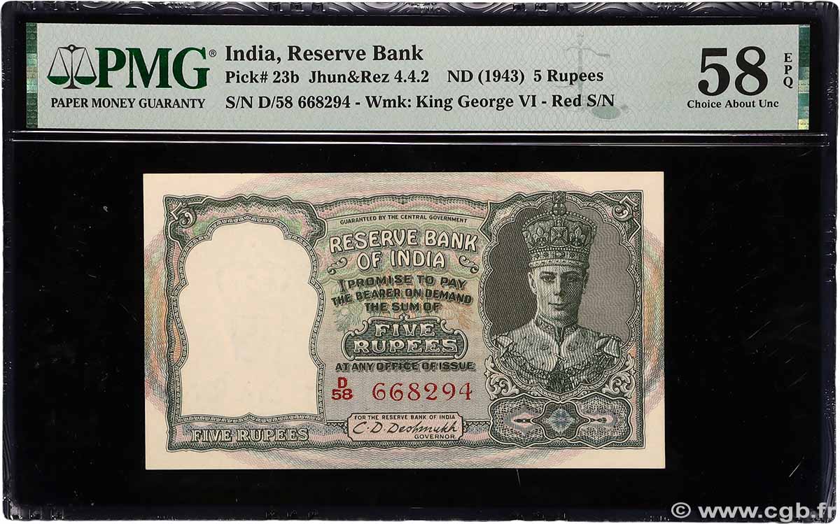 5 Rupees INDIA  1943 P.023b AU