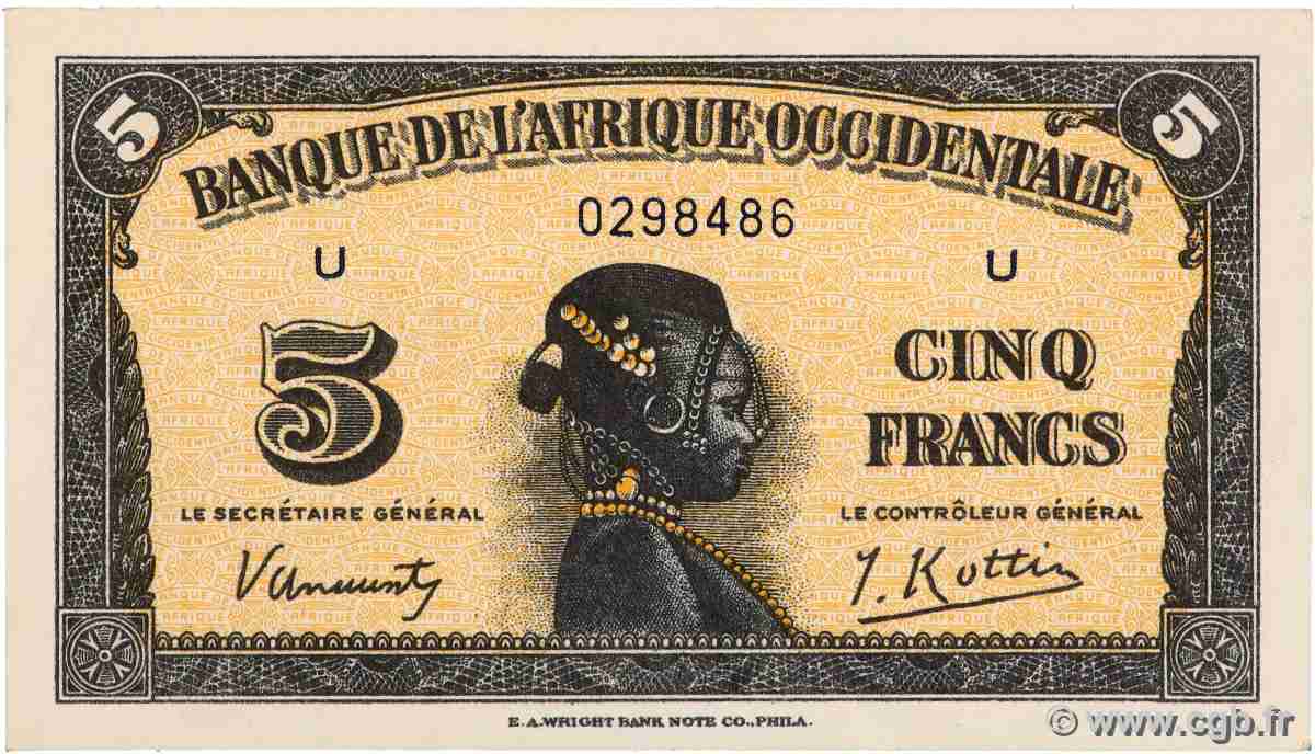 5 Francs FRENCH WEST AFRICA  1942 P.28a AU