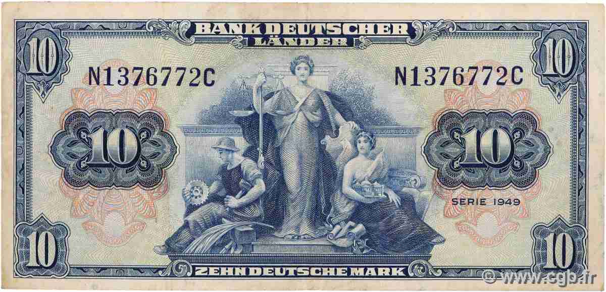 10 Deutsche Mark GERMAN FEDERAL REPUBLIC  1949 P.16a VF-