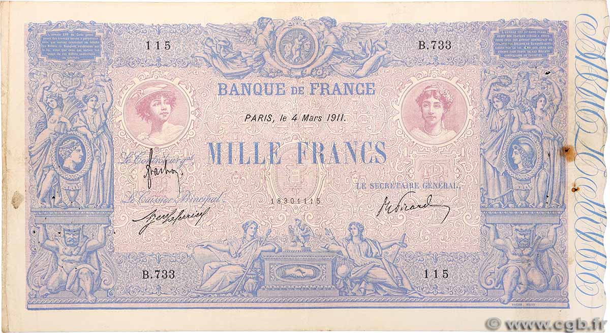 1000 Francs BLEU ET ROSE FRANCE  1911 F.36.25 F+