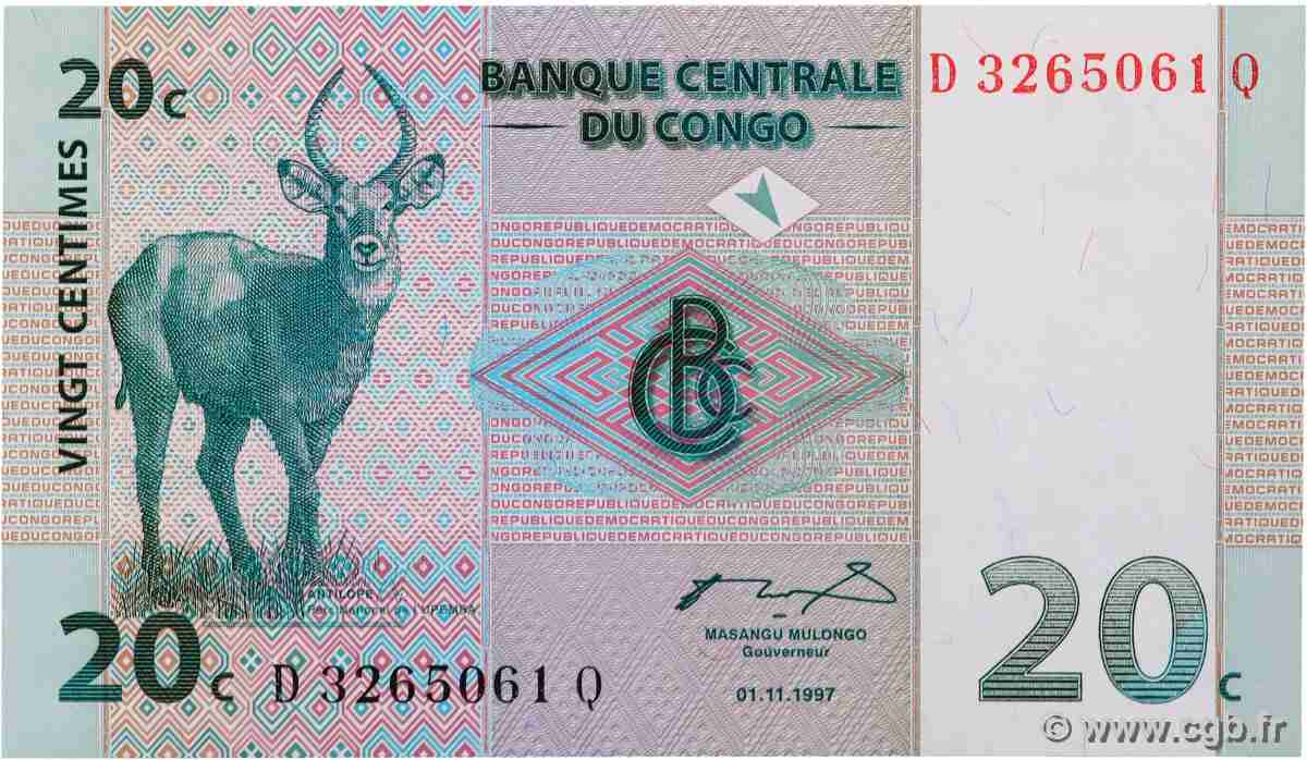 20 Centimes CONGO, DEMOCRATIQUE REPUBLIC  1997 P.083a UNC