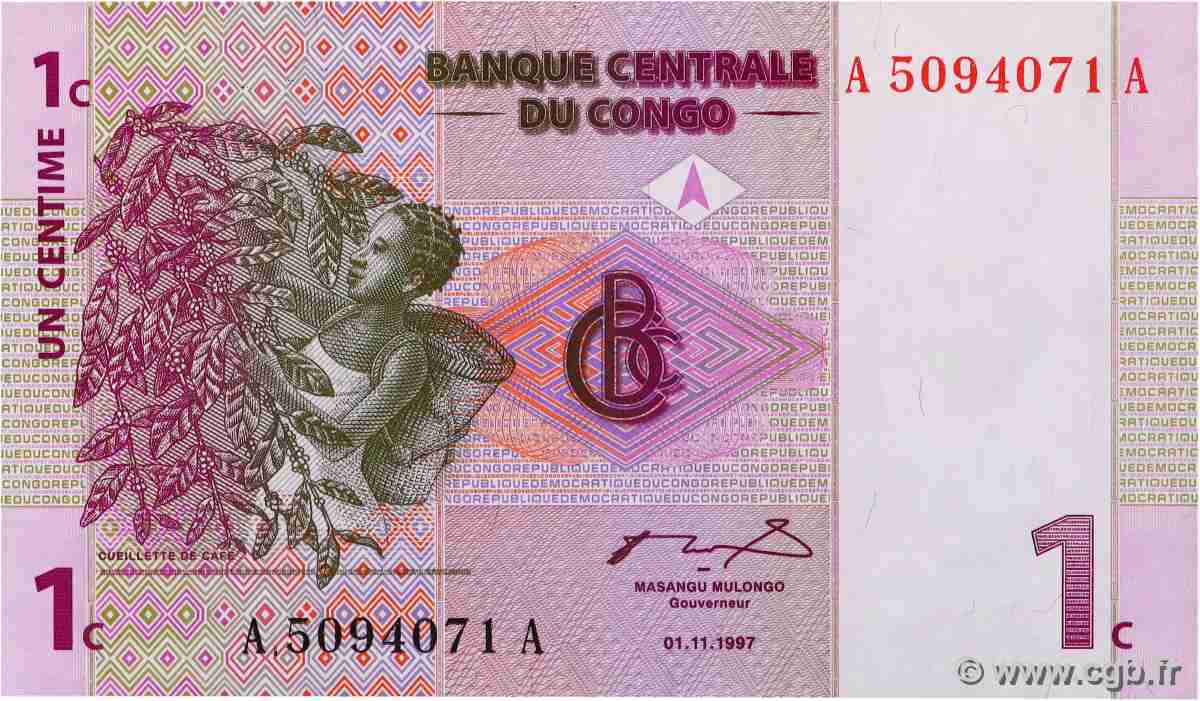 1 Centime CONGO, DEMOCRATIQUE REPUBLIC  1997 P.080a UNC