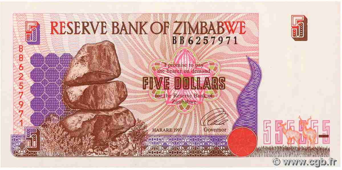 5 Dollars ZIMBABWE  1997 P.05 UNC