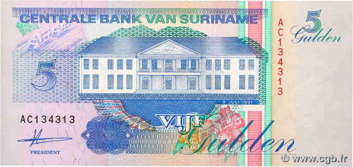 5 Gulden SURINAM  1991 P.136a UNC
