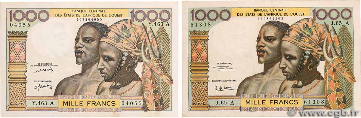 1000 Francs Lot CÔTE D&nbsp;IVOIRE  1969 P.103Af et P.103Al TTB+