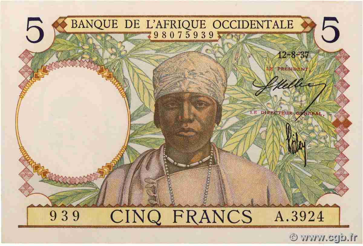 5 Francs FRENCH WEST AFRICA  1937 P.21 q.FDC