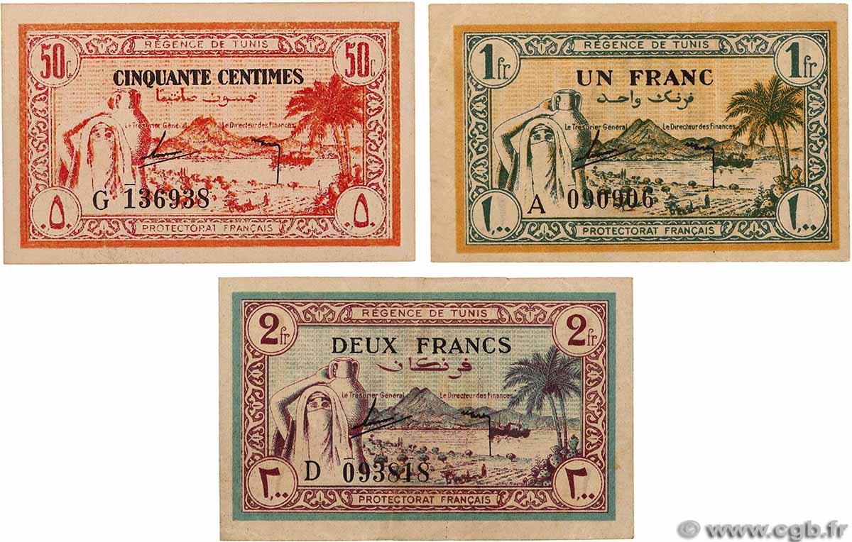 50 Centimes, 1 et 2 Francs Lot TUNISIE  1943 P.54 au P.56 TTB+
