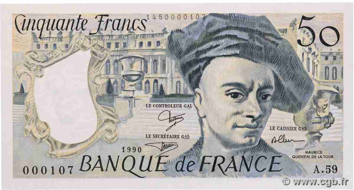 50 Francs QUENTIN DE LA TOUR Petit numéro FRANCE  1990 F.67.16A59 UNC-