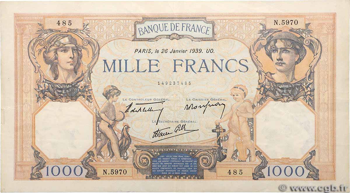 1000 Francs CÉRÈS ET MERCURE type modifié FRANCIA  1939 F.38.33 MBC