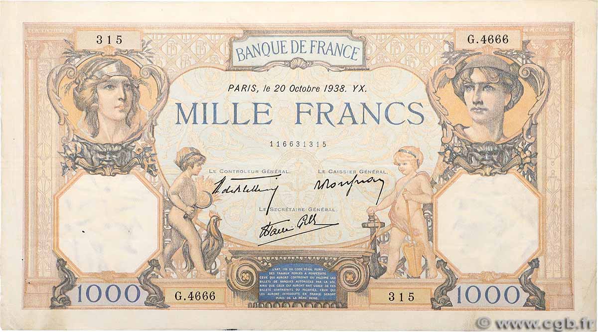 1000 Francs CÉRÈS ET MERCURE type modifié FRANCIA  1938 F.38.30 MBC