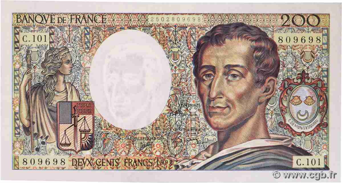200 Francs MONTESQUIEU alphabet 101 FRANCE  1992 F.70bis.01 SUP
