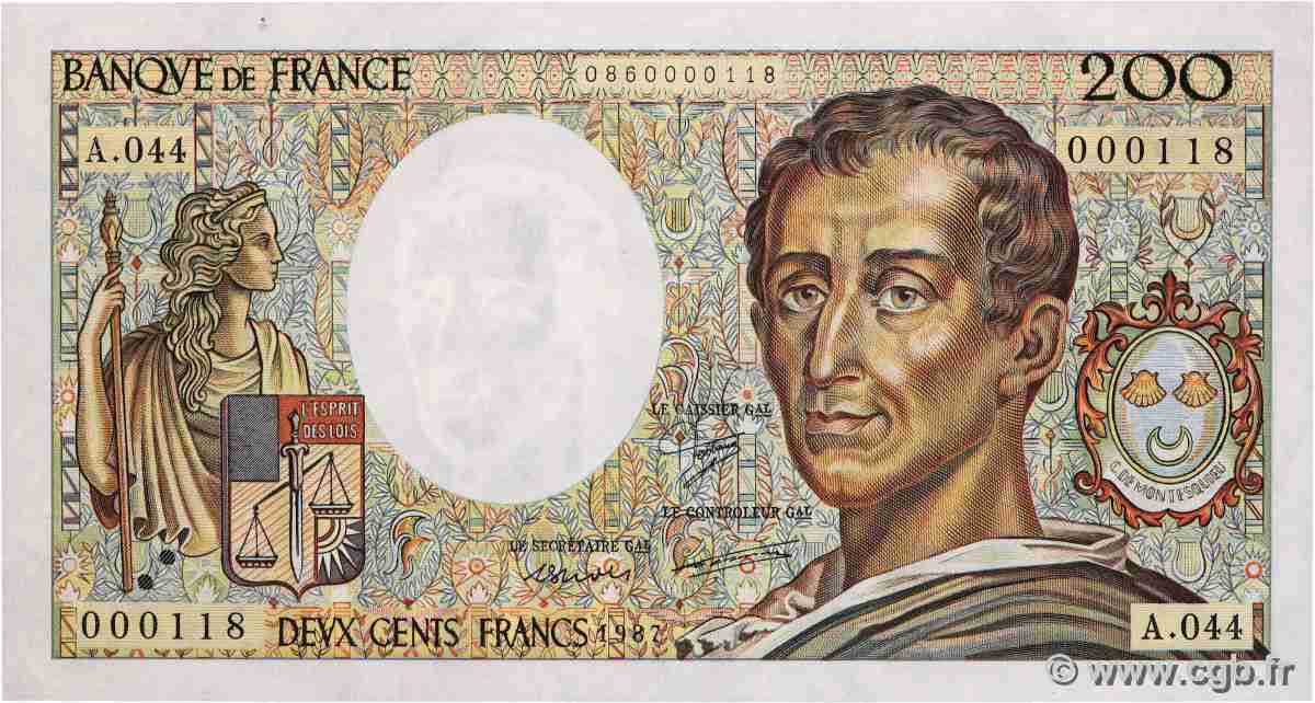 200 Francs MONTESQUIEU Petit numéro FRANCE  1987 F.70.07A44 UNC-