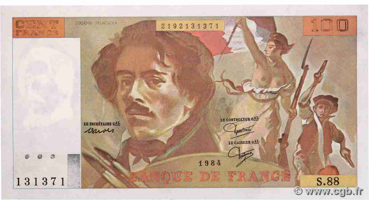 100 Francs DELACROIX modifié Fauté FRANCE  1984 F.69.08b UNC-