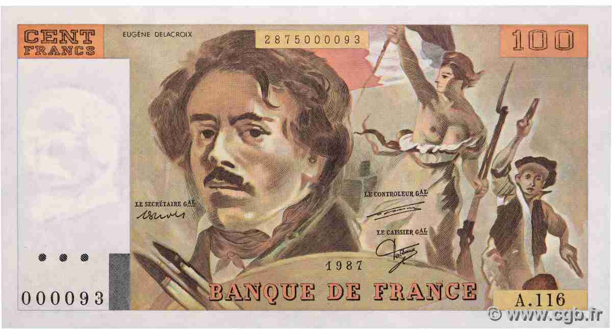 100 Francs DELACROIX modifié Petit numéro FRANCE  1987 F.69.11A116 UNC