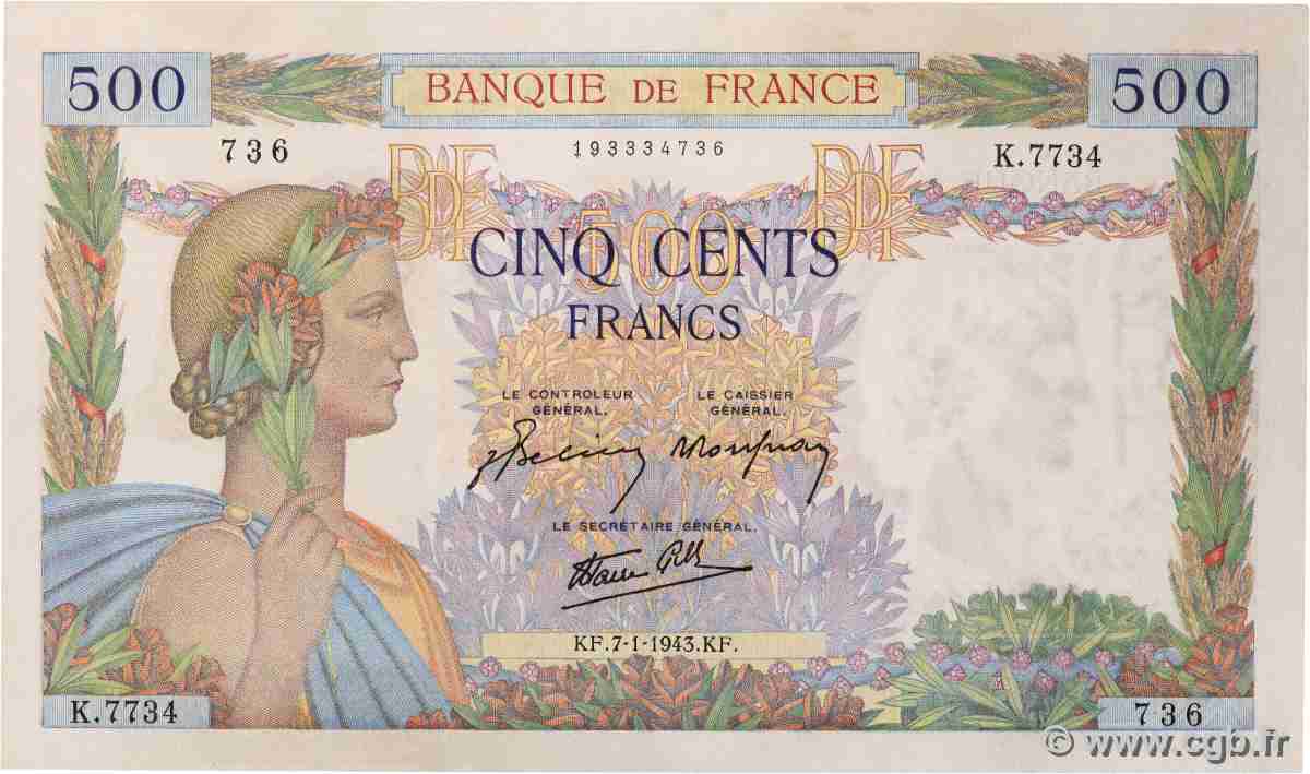 500 Francs LA PAIX FRANCE  1943 F.32.44 AU+