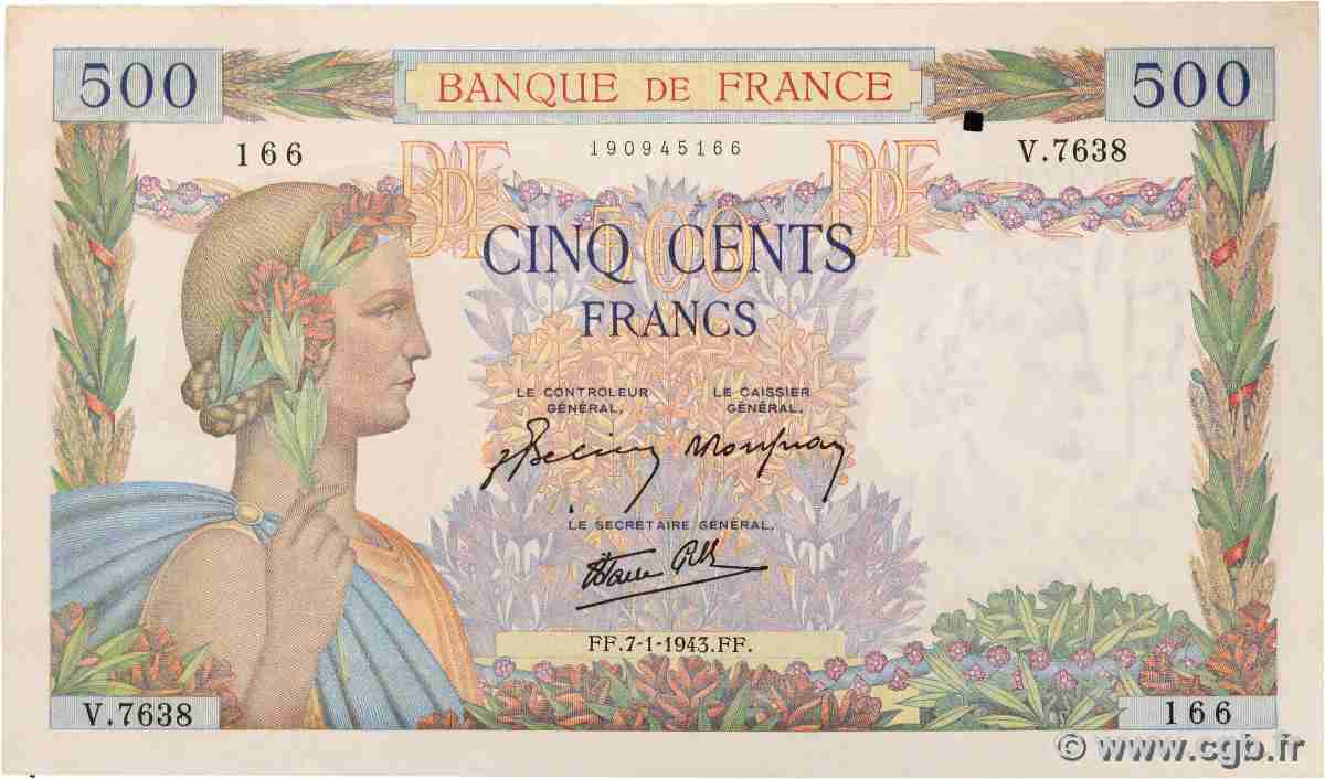500 Francs LA PAIX FRANCE  1943 F.32.44 VF+