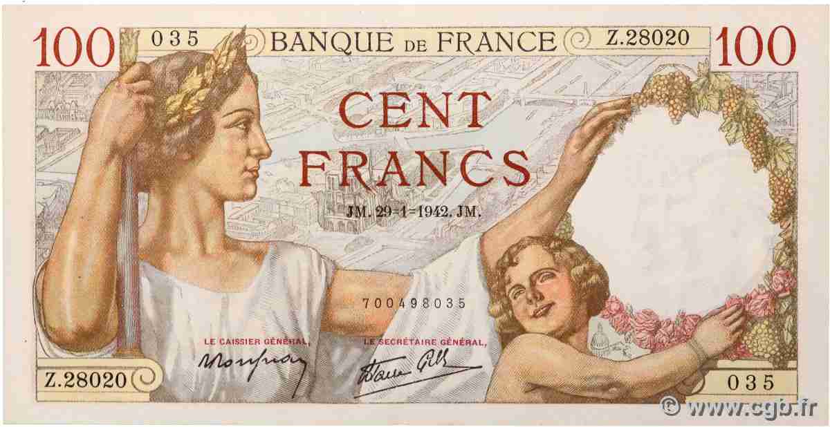 100 Francs SULLY FRANKREICH  1942 F.26.65 fST+