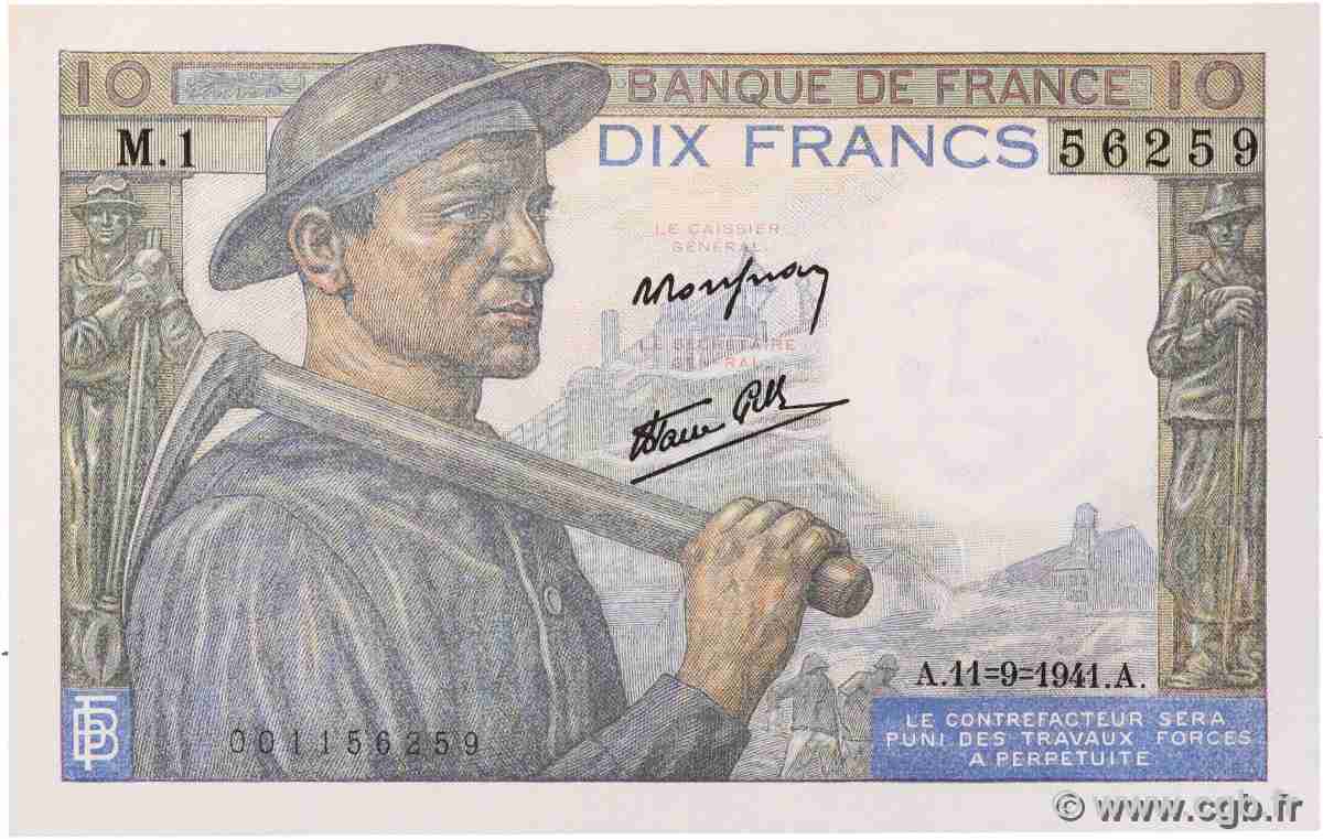 10 Francs MINEUR FRANKREICH  1941 F.08.01 fST