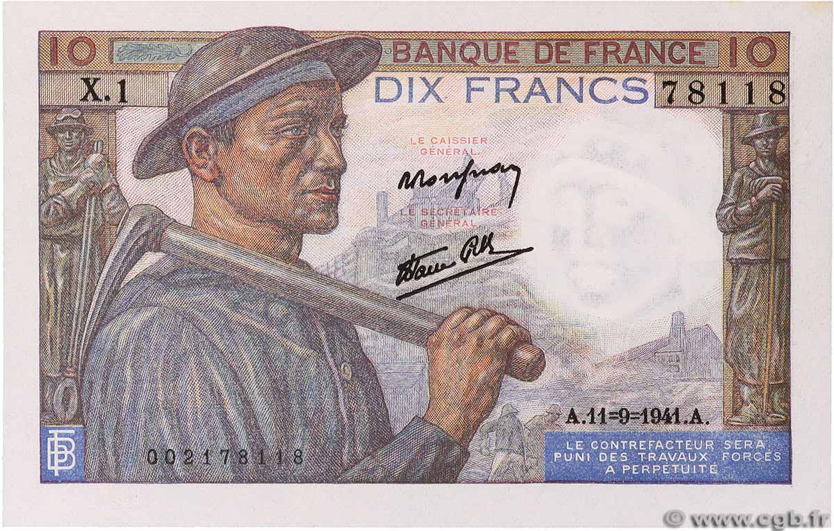 10 Francs MINEUR FRANCE  1941 F.08.01 UNC