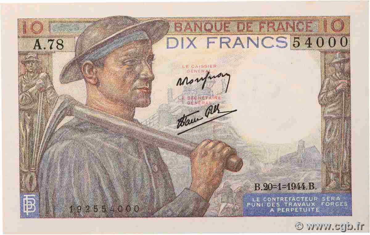 10 Francs MINEUR FRANKREICH  1944 F.08.11 fST+