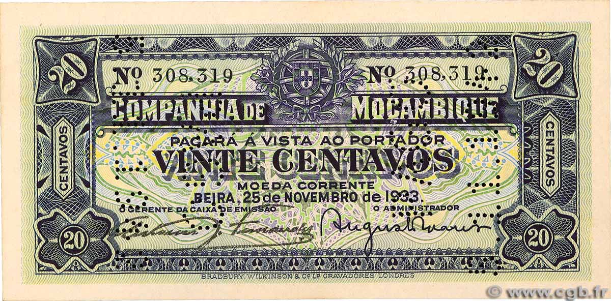 20 Centavos MOZAMBIK Beira 1933 P.R29 fST+
