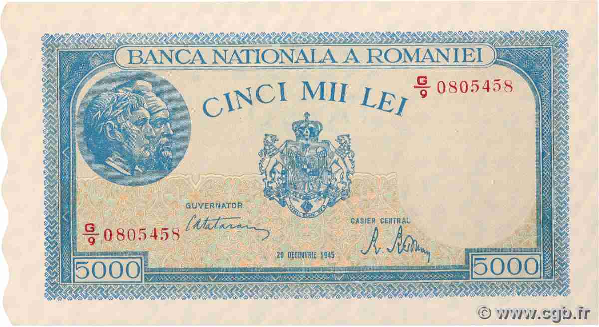 5000 Lei ROMANIA  1945 P.056a UNC-