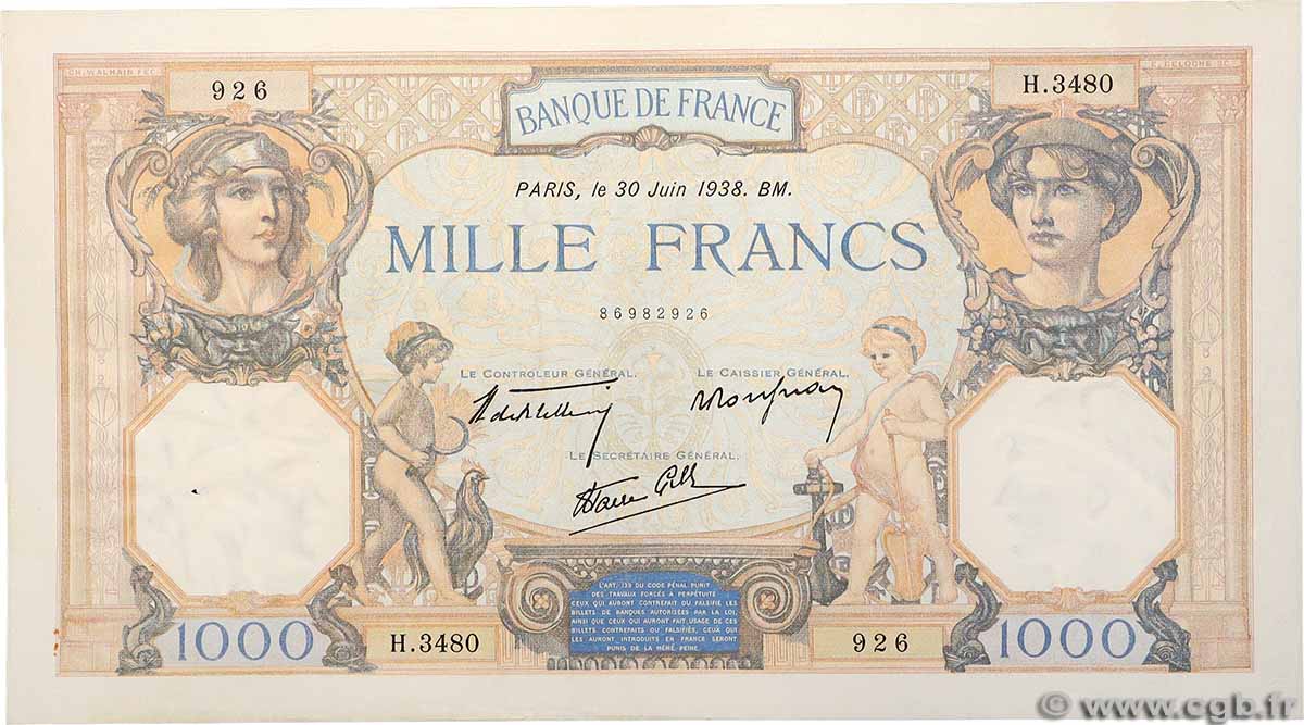 1000 Francs CÉRÈS ET MERCURE type modifié FRANCE  1938 F.38.21 VF+