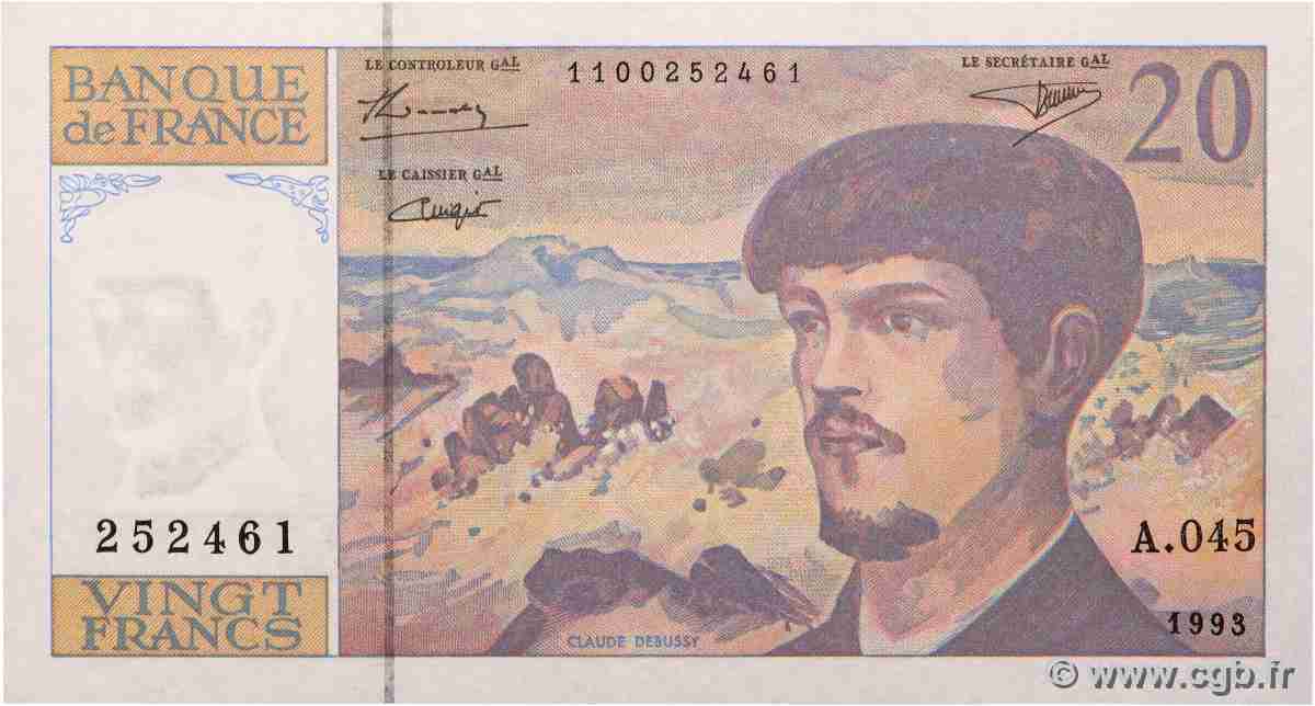 20 Francs DEBUSSY à fil de sécurité FRANKREICH  1993 F.66bis.05A45 fST+