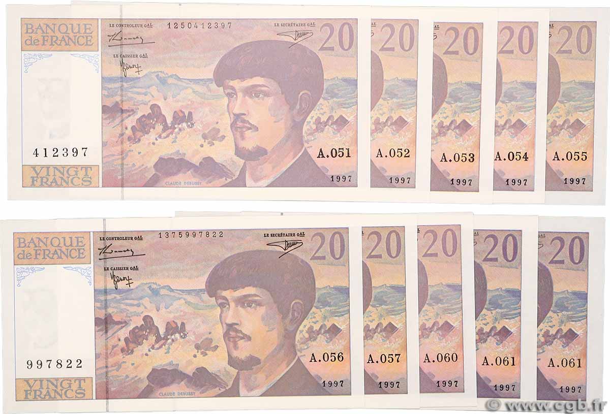 20 Francs DEBUSSY Modifié Lot FRANCE  1997 F.66ter.02A51 à A57, A60 et A61 pr.NEUF