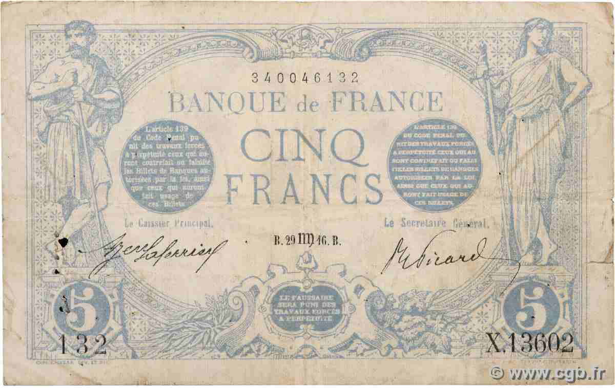 5 Francs BLEU FRANCE  1916 F.02.42 pr.TTB