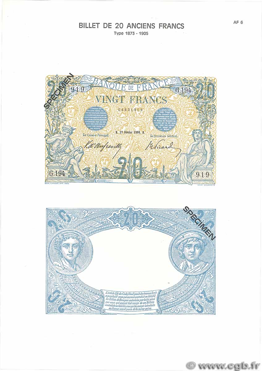 20 Francs BLEU Planche FRANKREICH  1975 F.10pl fST+