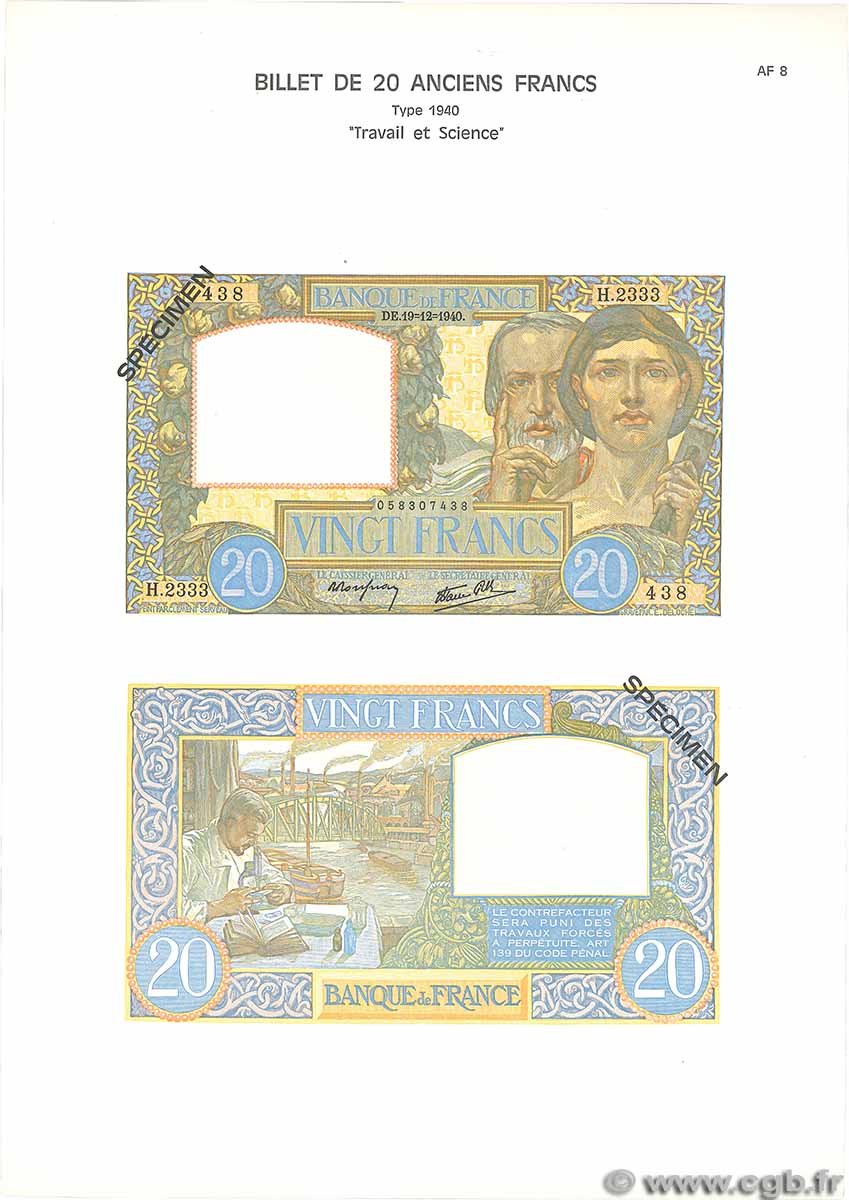 20 Francs TRAVAIL ET SCIENCE Planche FRANKREICH  1975 F.12pl fST+