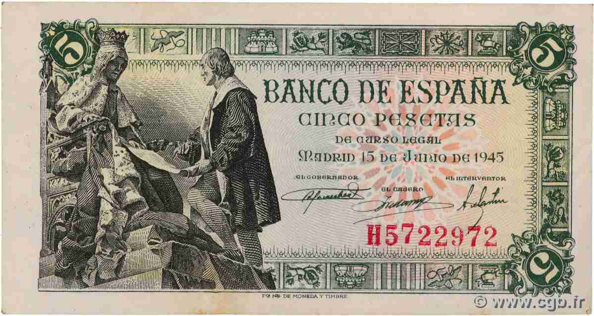 5 Pesetas SPANIEN  1945 P.129 VZ