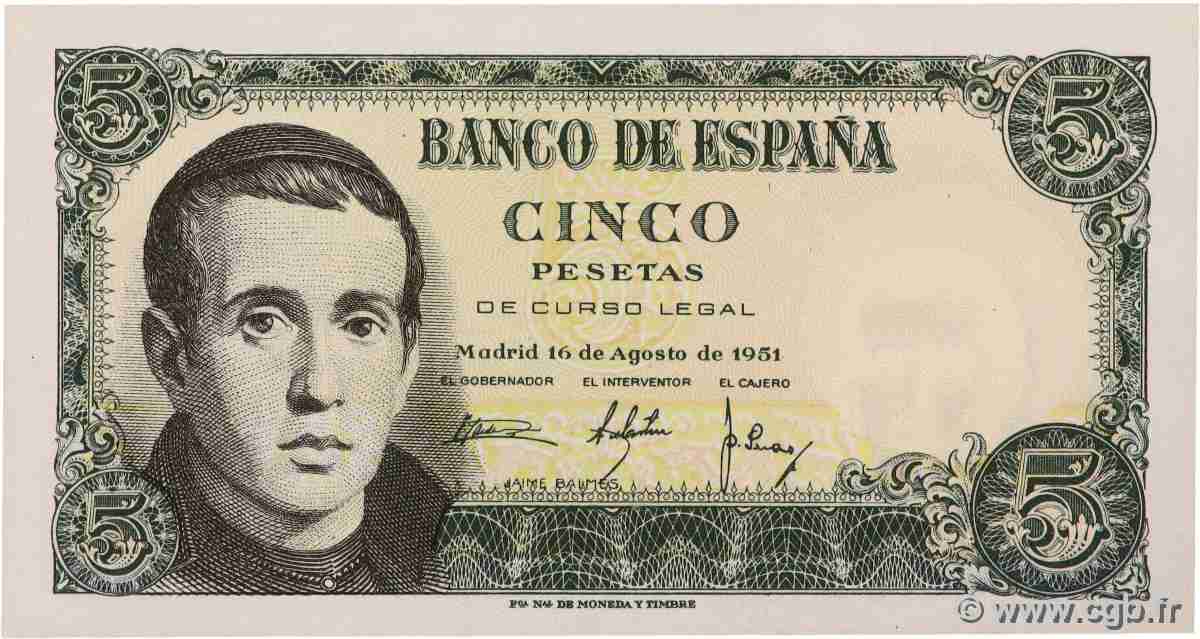 5 Pesetas SPANIEN  1951 P.140a fST