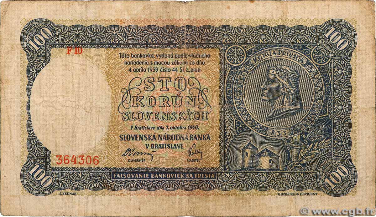 100 Korun SLOVAKIA  1940 P.10a VG