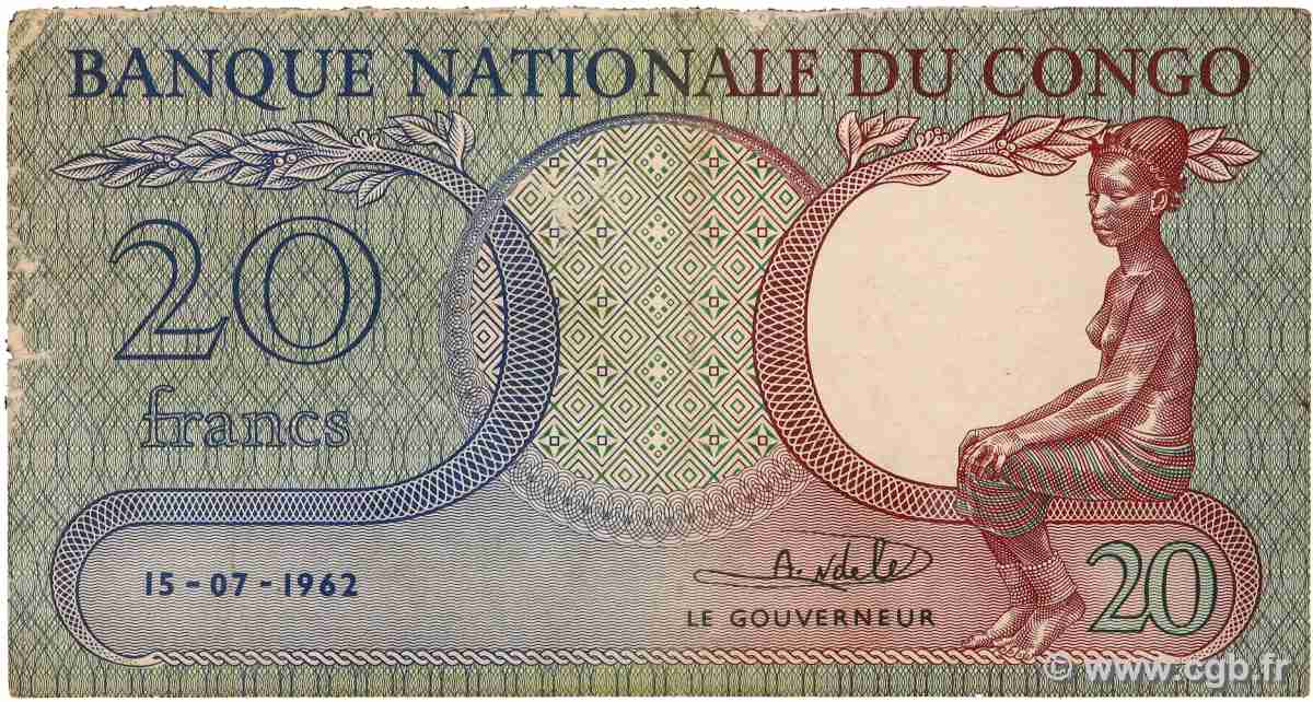 20 Francs REPUBBLICA DEMOCRATICA DEL CONGO  1962 P.004a q.MB