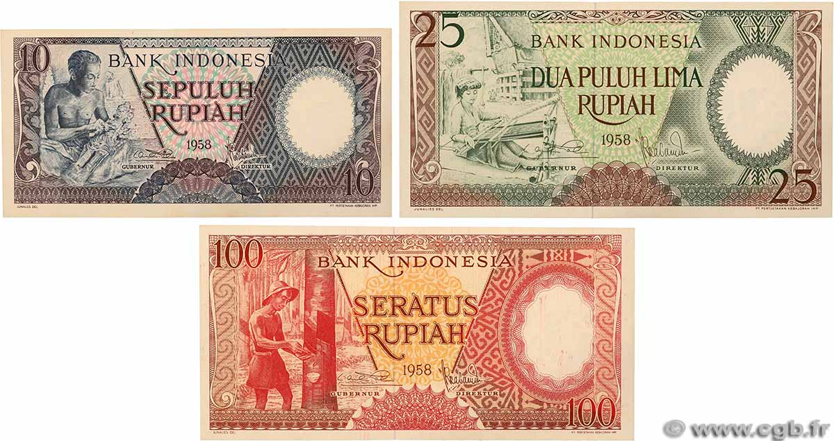 10, 25 et 100 Rupiah Lot INDONESIA  1958 P.056, P.057 et P.059 UNC