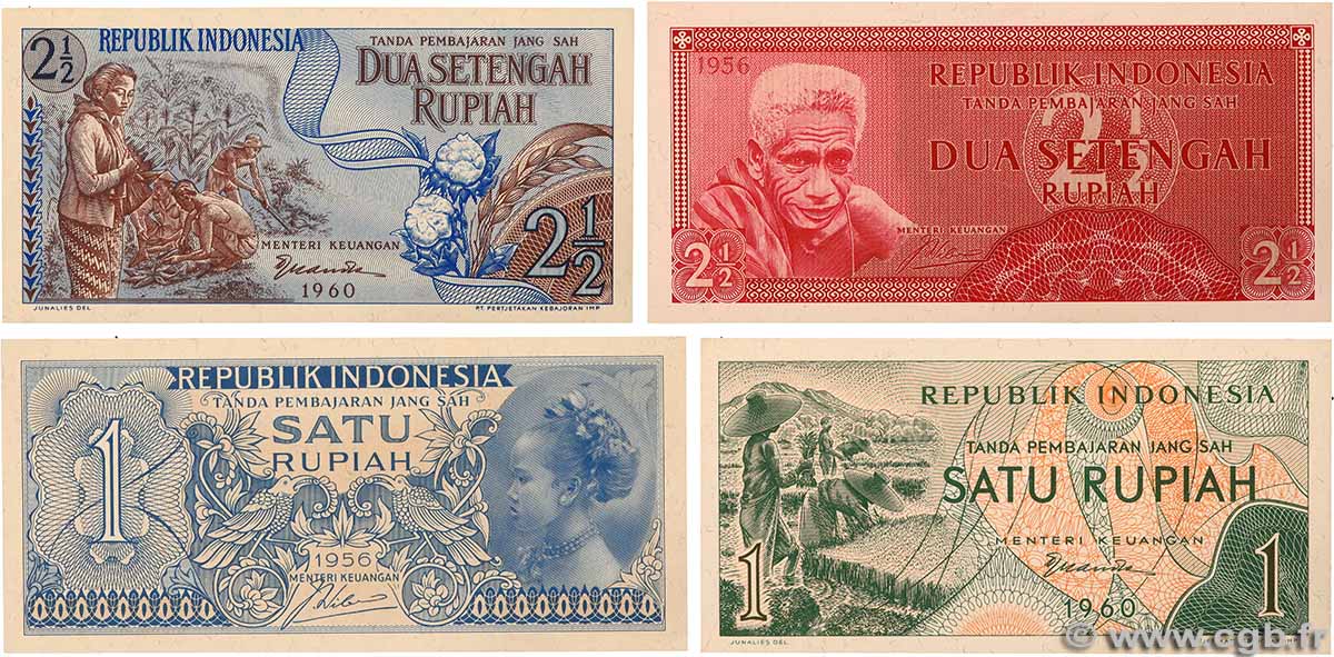1 et 2,5 Rupiah Lot INDONESIA  1956 P.074 à P.077 FDC
