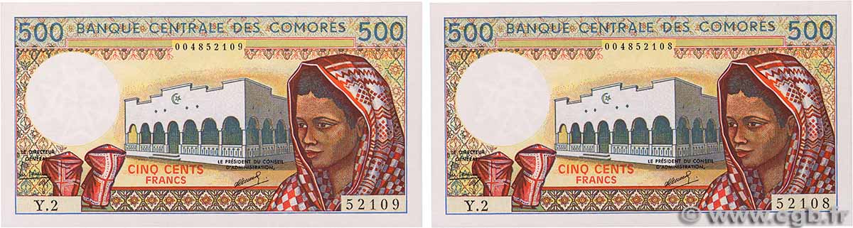 500 Francs Consécutifs KOMOREN  1986 P.10a fST+