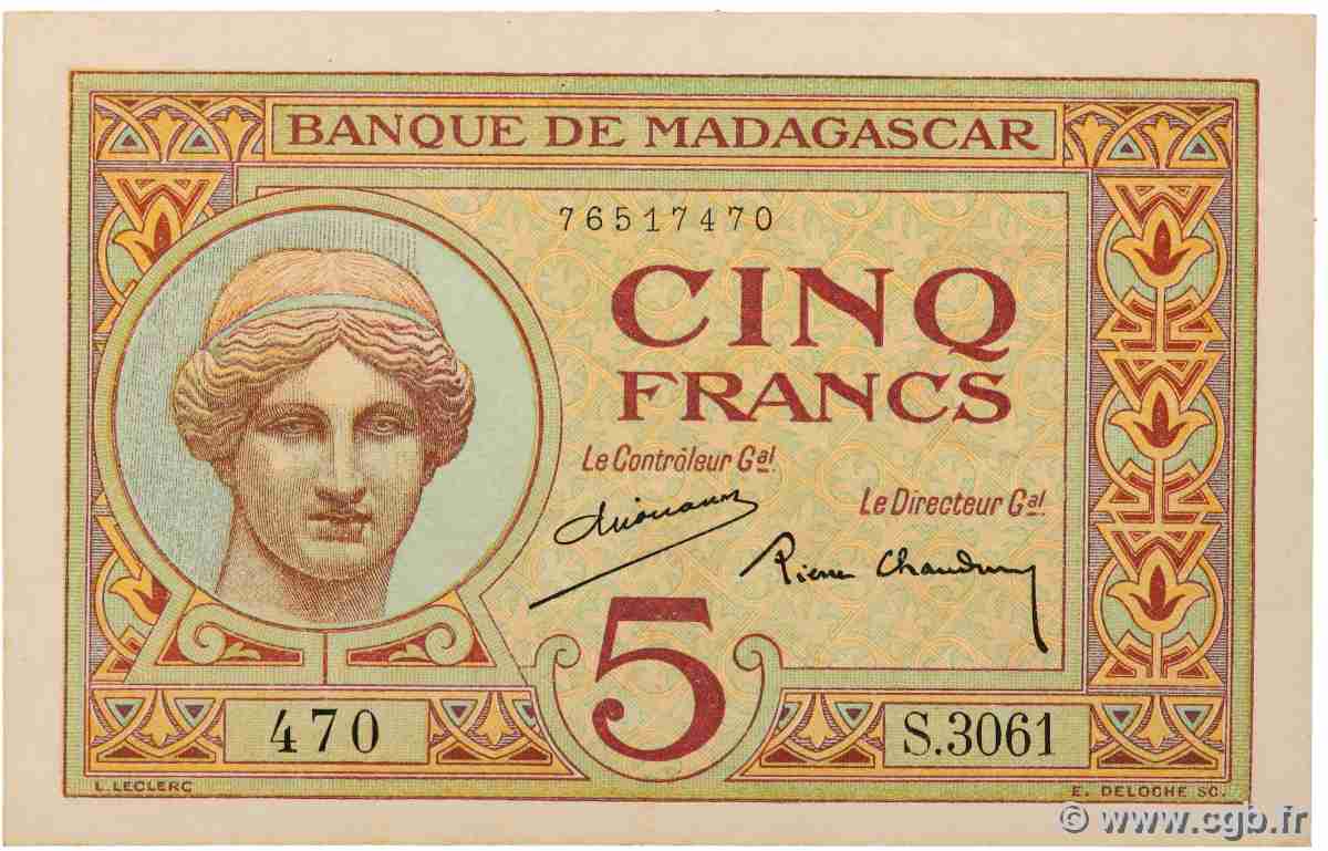 5 Francs MADAGASCAR  1937 P.035 AU+