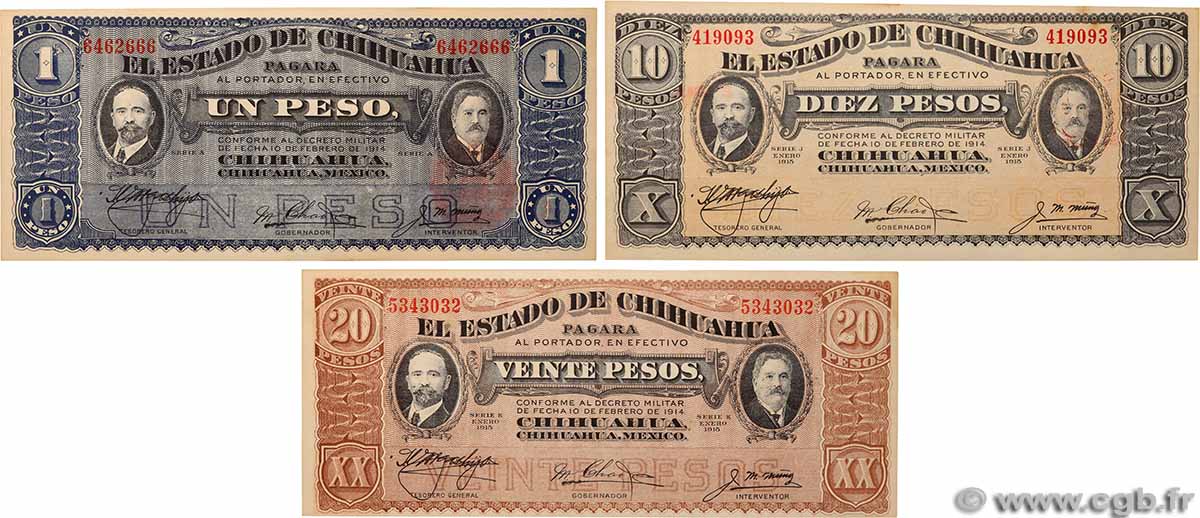 1, 10 et 20 Pesos Lot MEXICO  1914 PS.0529g, PS.0534b et PS.0537b fST+