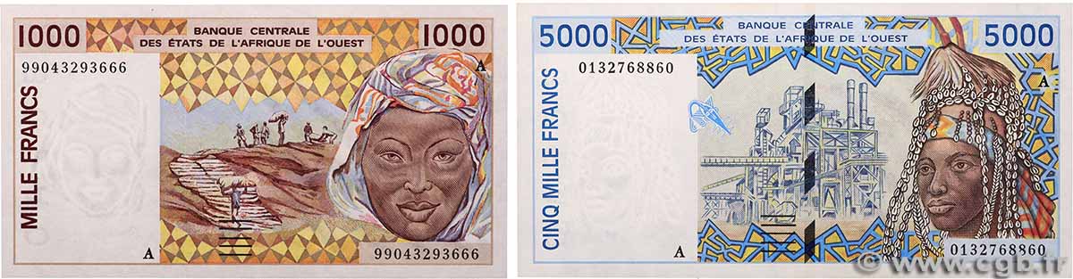 1000 et 5000 Francs Lot WEST AFRIKANISCHE STAATEN  1999 P.111Ai et P.113Ak fST