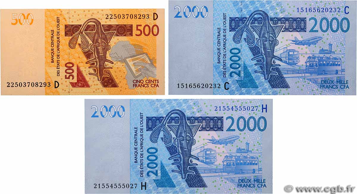 500 et 2000 Francs Lot ÉTATS DE L&nbsp;AFRIQUE DE L&nbsp;OUEST  2023 P.316Co, P.419D et P.616H NEUF
