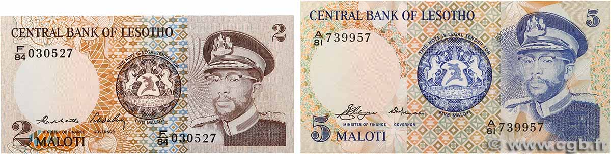 2 et 5 Maloti Lot LESOTHO  1981 P.04b et P.05a NEUF