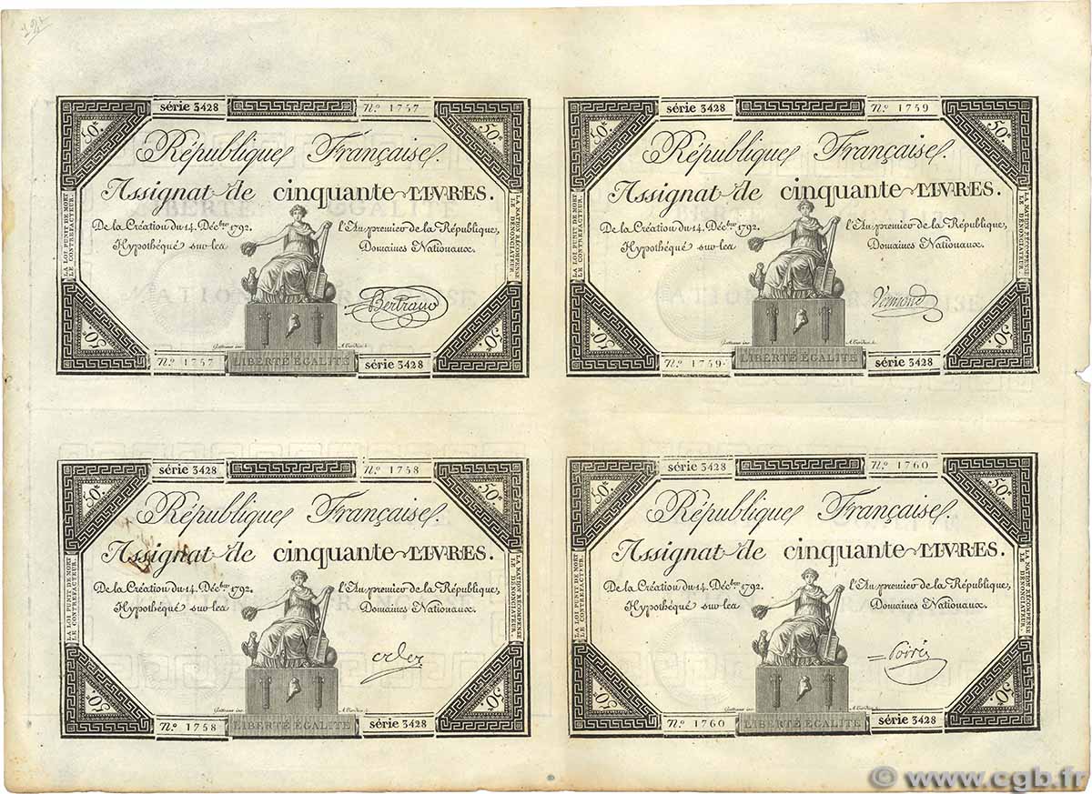 50 Livres Planche FRANCE  1792 Ass.39a-p XF
