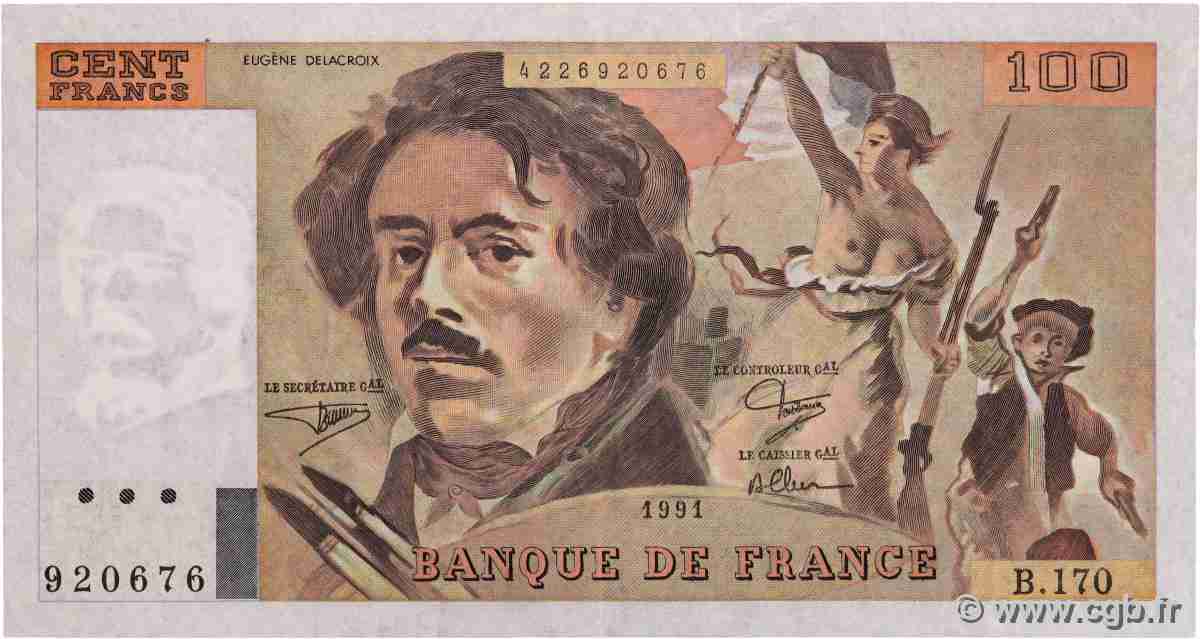 100 Francs DELACROIX imprimé en continu FRANCE  1991 F.69bis.03a1a TTB
