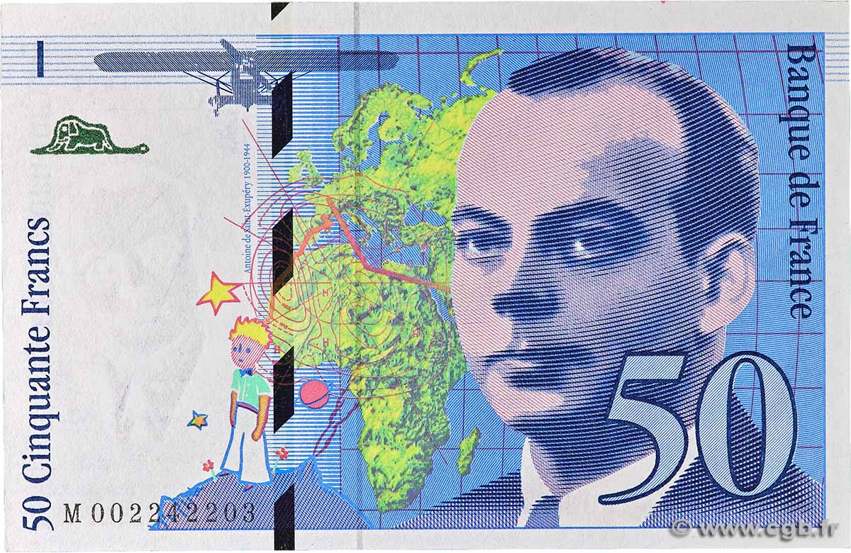 50 Francs SAINT-EXUPÉRY Sans mouton Fauté FRANCE  1992 F.72f3.01 UNC-
