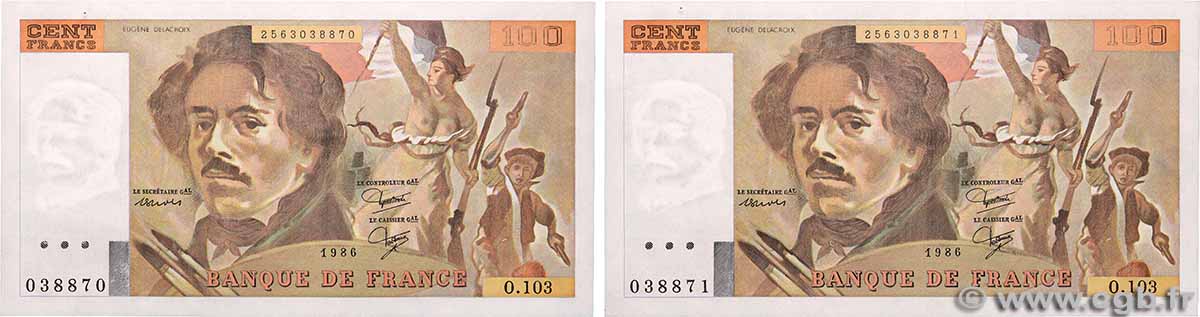 100 Francs DELACROIX modifié Fauté FRANCE  1986 F.69.10 UNC-